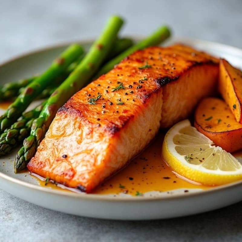 Baked Salmon with Crispy Sweet Potato Wedges and Steamed Asparagus