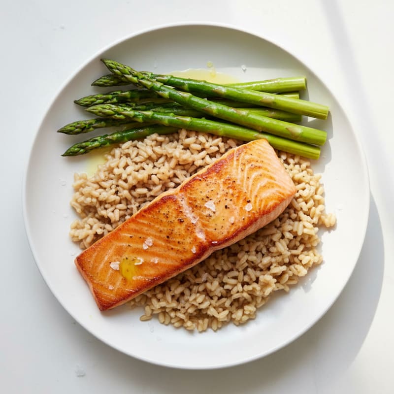 Seared Salmon with Steamed Asparagus and Brown Rice