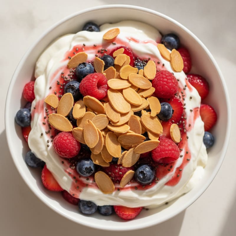 Greek Yogurt Protein Parfait with Mixed Berries and Almonds
