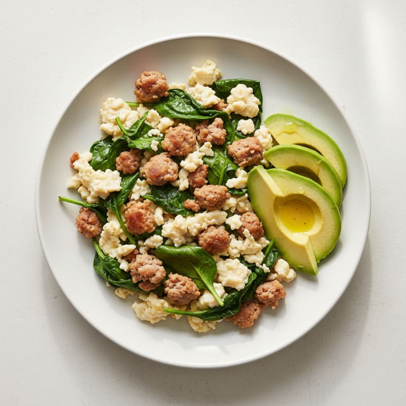 Scrambled Egg Whites with Turkey Sausage and Sautéed Spinach