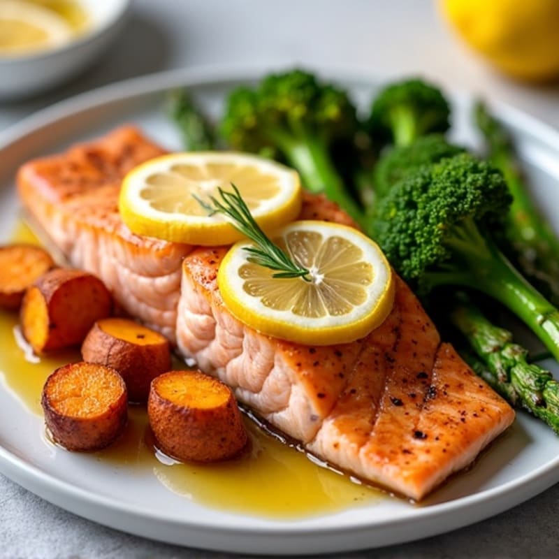 Lemon Garlic Roasted Salmon with Roasted Sweet Potatoes, Broccoli, and Asparagus