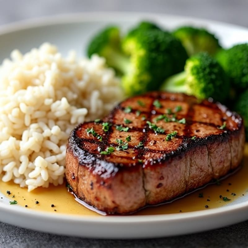 Seared Steak with Roasted Garlic Rice and Steamed Broccoli