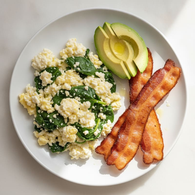 Cottage Cheese Egg Scramble with Spinach and Turkey Bacon