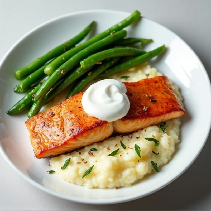 Seared Salmon with Steamed Green Beans and Garlic Mashed Cauliflower