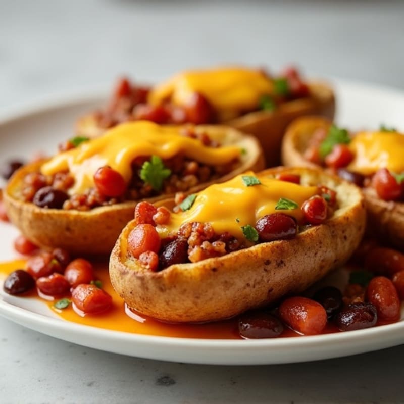 Crispy Baked Potato Skins with Hearty Beef Chili and Sharp Cheddar