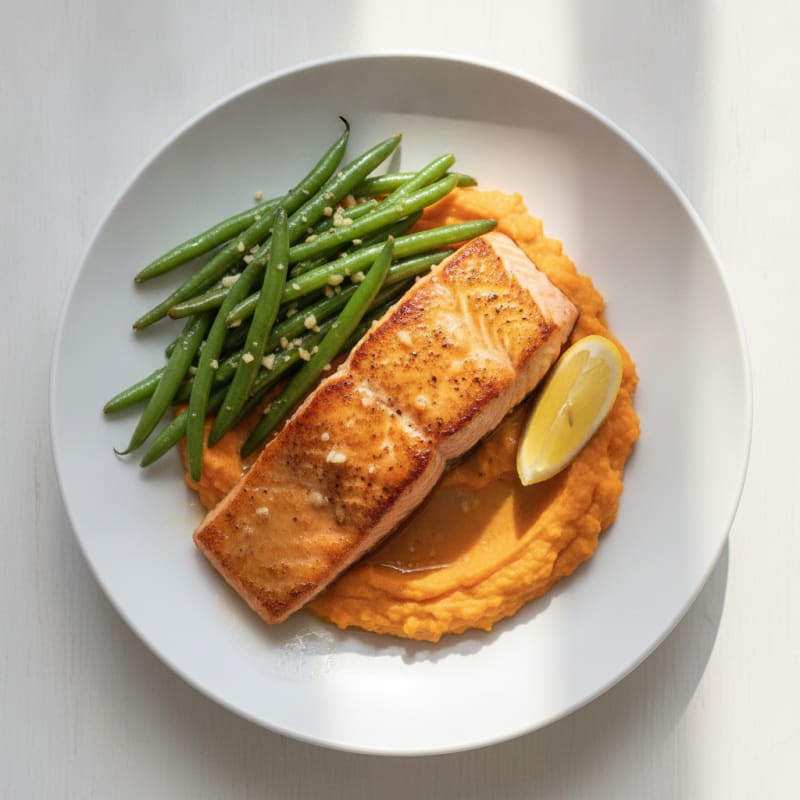 Seared Salmon with Garlic Green Beans and Mashed Sweet Potato