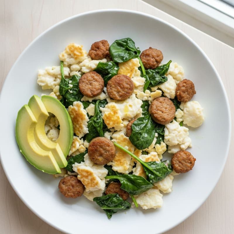 Scrambled Egg Whites with Turkey Sausage and Sautéed Spinach