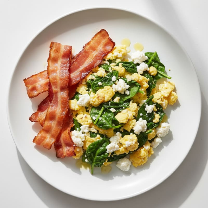 Cottage Cheese Egg Scramble with Spinach and Turkey Bacon