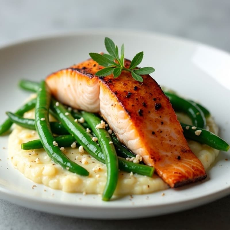 Seared Salmon with Steamed Green Beans and Cauliflower Mash