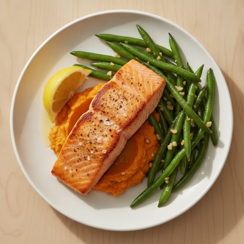 Seared Salmon with Garlic Green Beans and Sweet Potato Mash