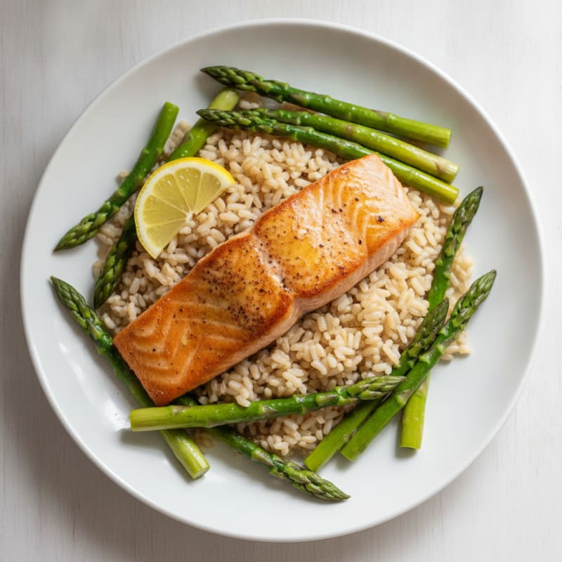 Seared Salmon Fillet with Steamed Asparagus and Brown Rice