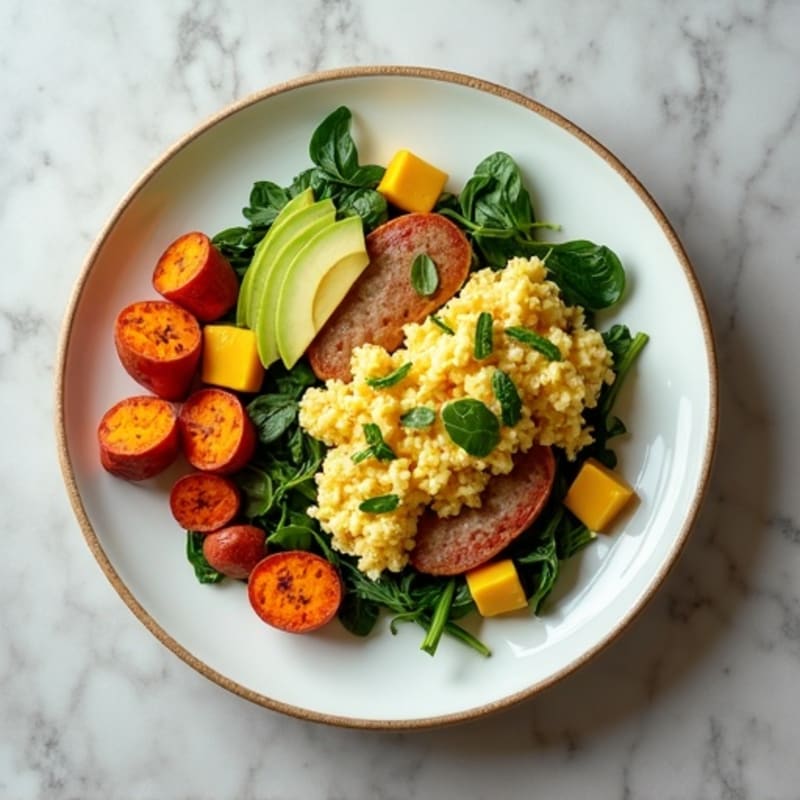 Egg White and Turkey Sausage Scramble with Spinach and Roasted Sweet Potatoes