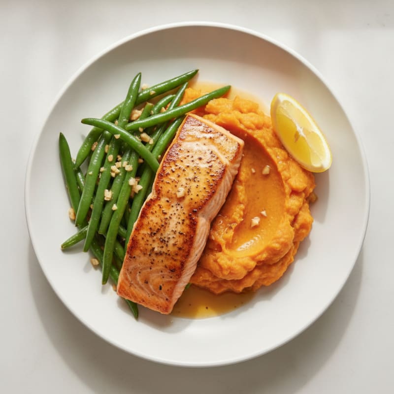 Seared Salmon with Garlic Green Beans and Sweet Potato Mash