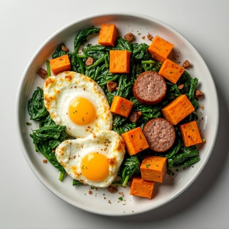 Egg White and Turkey Sausage Scramble with Spinach and Roasted Sweet Potato