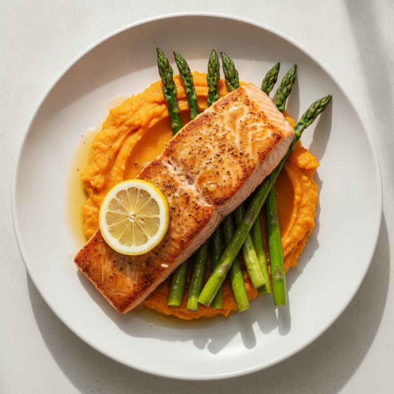 Seared Salmon with Roasted Asparagus and Sweet Potato Mash