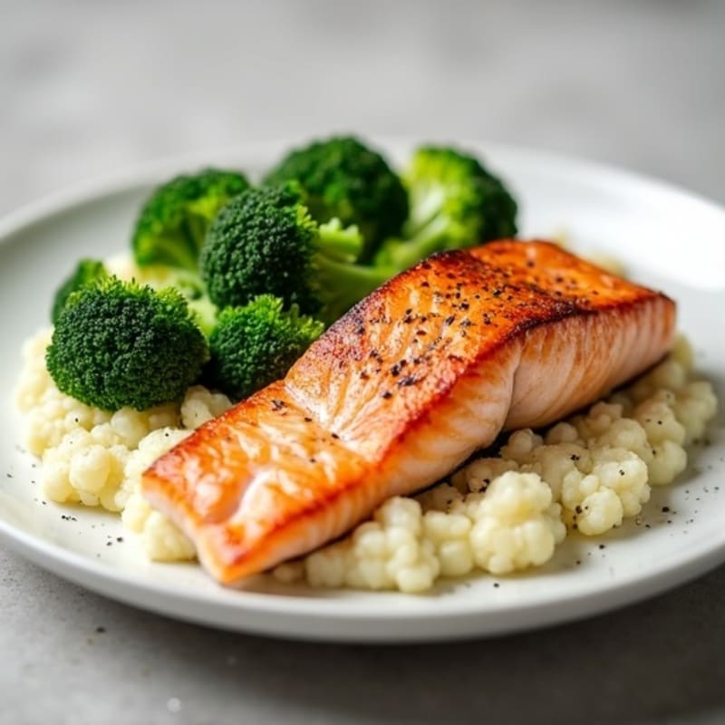 Seared Salmon with Steamed Broccoli and Cauliflower Mash
