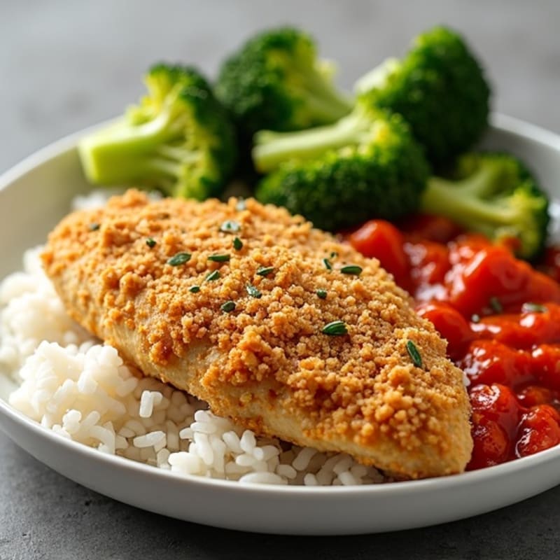 Crispy Chicken Breast with Spicy Tomato Rice and Steamed Broccoli