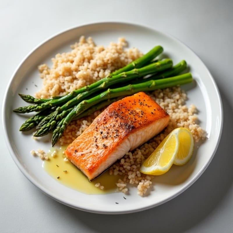 Seared Salmon with Steamed Asparagus and Brown Rice
