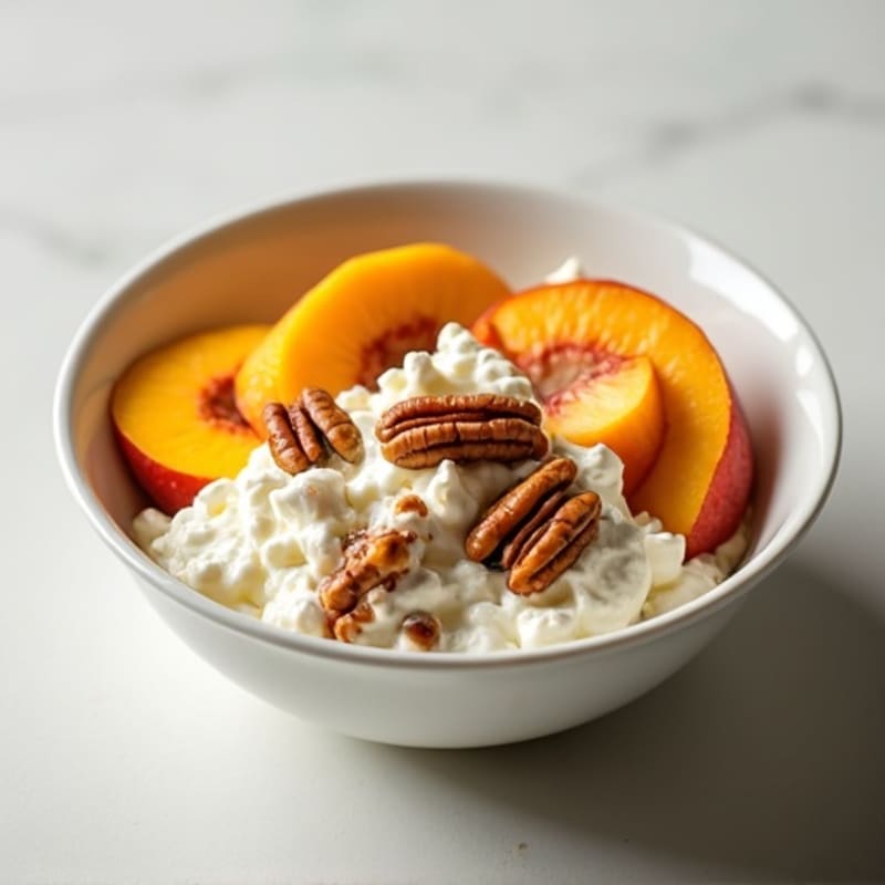 Creamy Cottage Cheese with Fresh Sliced Peaches and Toasted Pecans