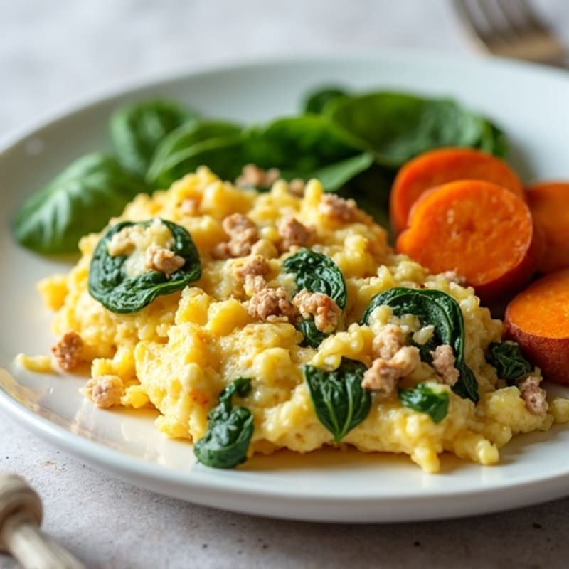Egg White and Turkey Spinach Scramble with Roasted Sweet Potato