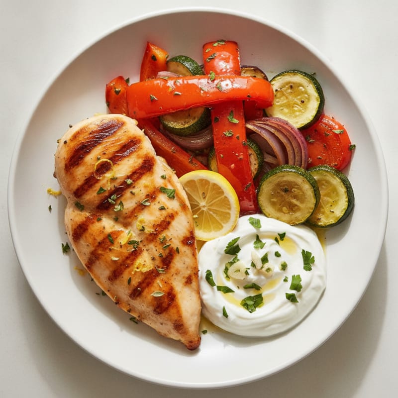 Grilled Chicken Breast with Roasted Vegetables and Greek Yogurt Dip
