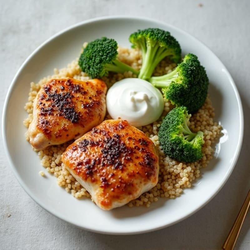 Seared Chicken Thighs with Roasted Broccoli and Quinoa