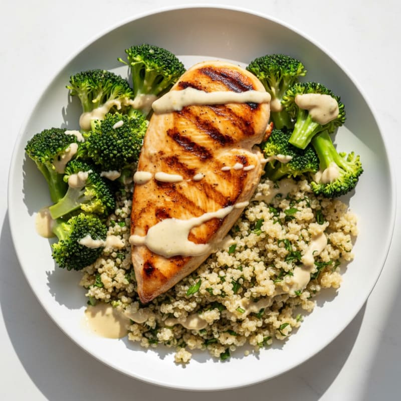 Grilled Chicken Breast with Quinoa, Steamed Broccoli and Lemon Tahini Drizzle