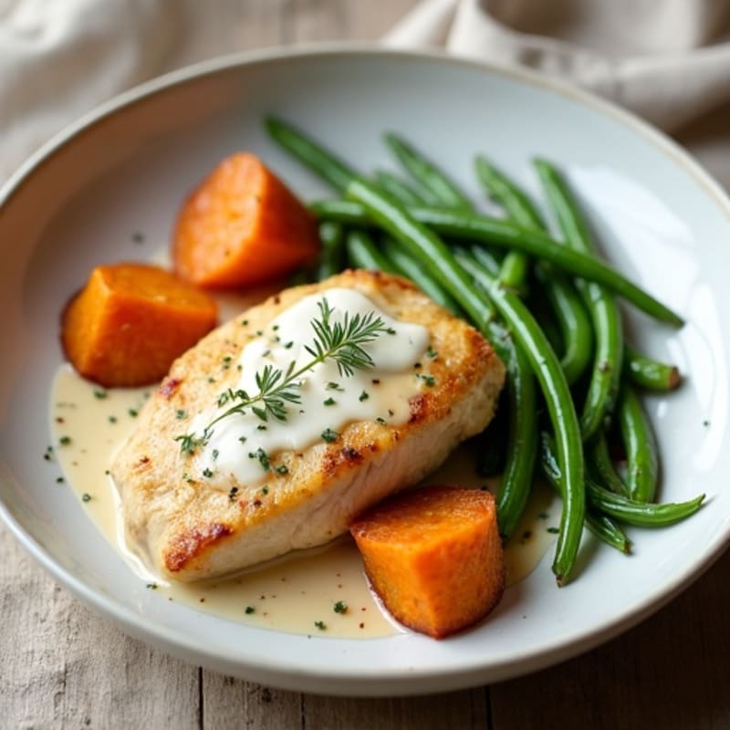Creamy Coconut Chicken with Roasted Sweet Potatoes and Green Beans