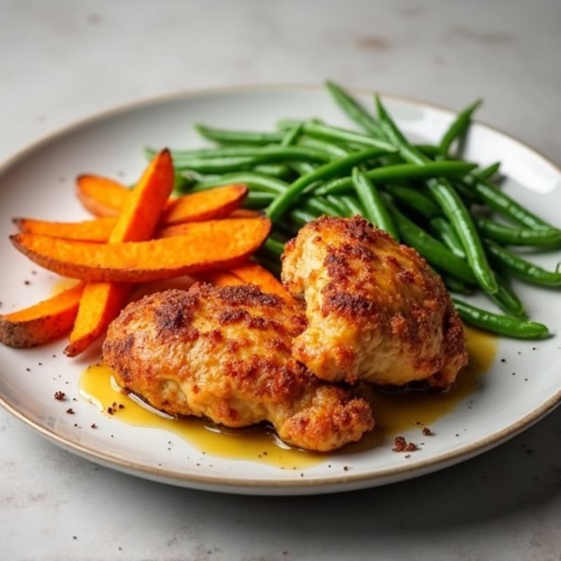 Crispy Chicken Thighs with Sweet Potato Fries and Steamed Green Beans