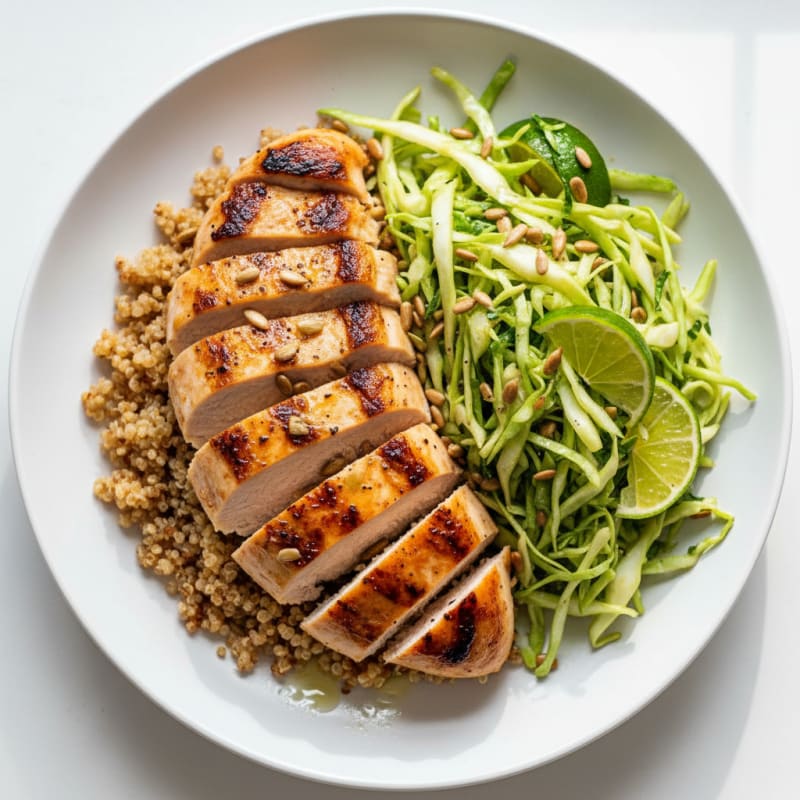 Grilled Chicken Breast with Crunchy Cabbage Slaw and Quinoa
