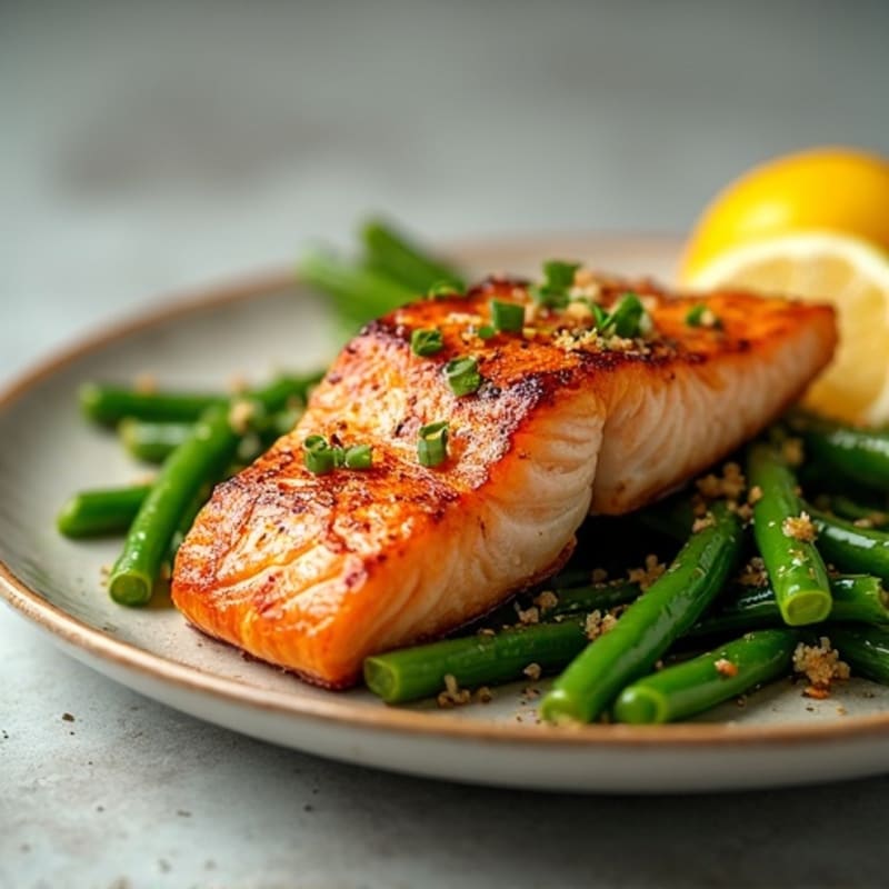 Crispy Pan-Seared Salmon with Lemon-Garlic Roasted Green Beans