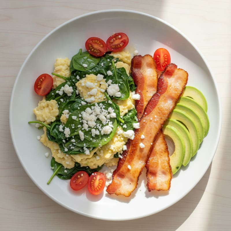 Scrambled Egg Whites with Turkey Bacon and Sautéed Spinach
