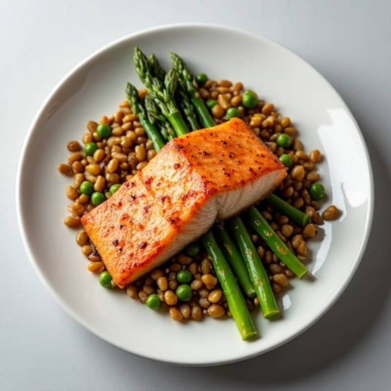 Seared Salmon Fillet with Lentil and Asparagus Salad