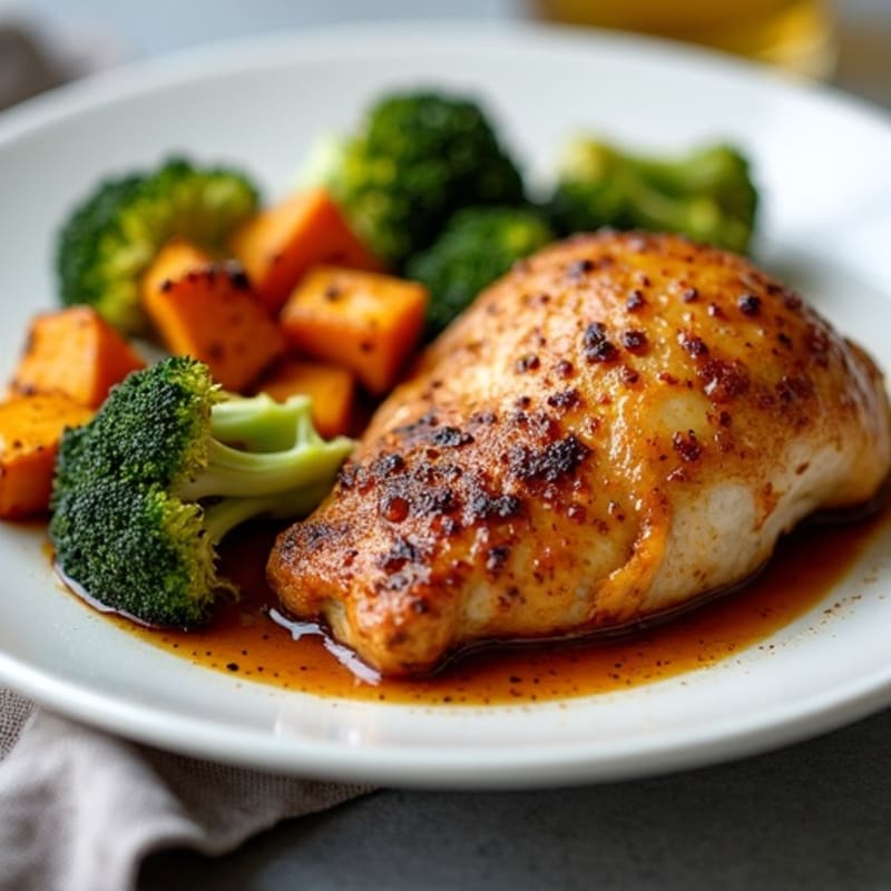 Baked Cinnamon-Garlic Chicken Thighs with Roasted Broccoli and Sweet Potatoes