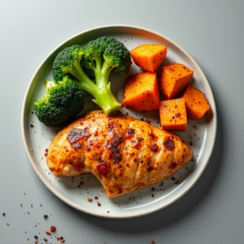 Spicy Garlic Chicken with Crispy Roasted Sweet Potatoes and Broccoli