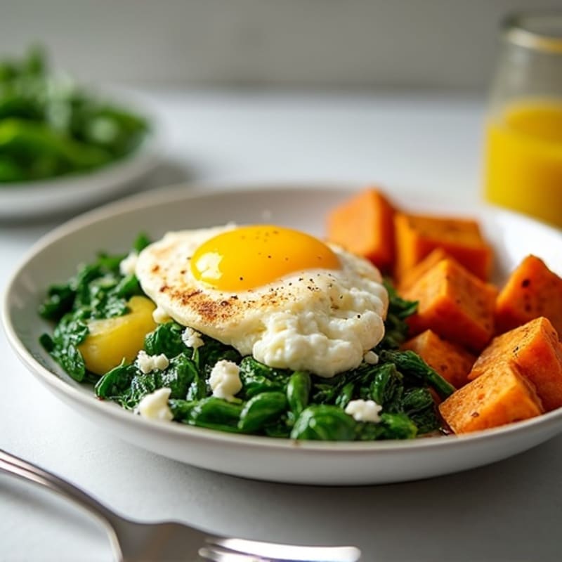 Egg White and Cottage Cheese Scramble with Spinach and Roasted Sweet Potato