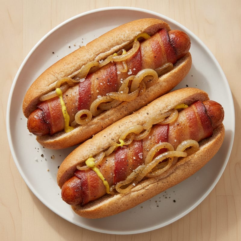 Bacon-Wrapped Chicken Hot Dogs with Sweet Caramelized Onions