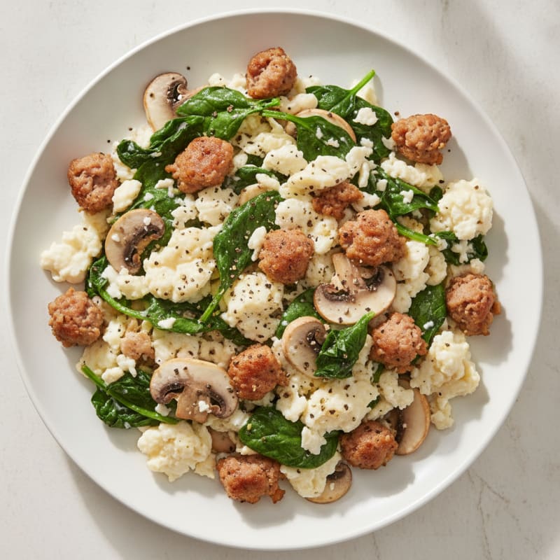Egg White and Turkey Sausage Scramble with Spinach and Mushrooms