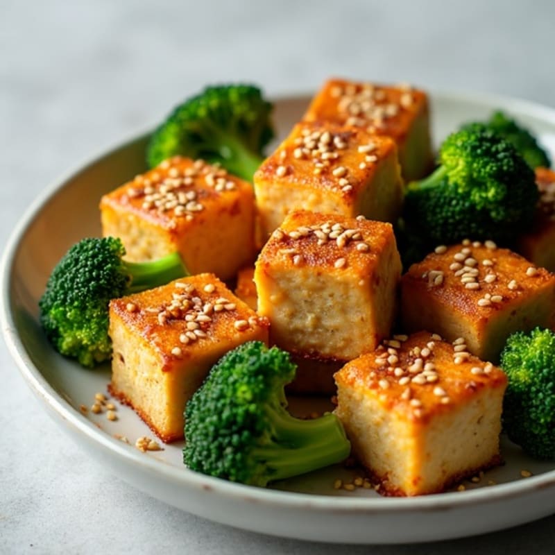Crispy Garlic Sesame Tofu with Roasted Broccoli
