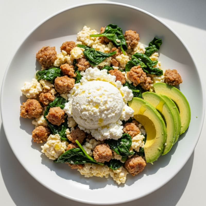 Egg White and Turkey Sausage Scramble with Cottage Cheese and Spinach