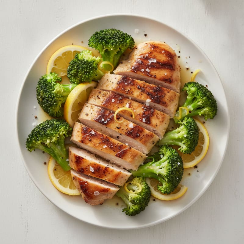 Grilled Chicken Breast with Steamed Broccoli and Lemon