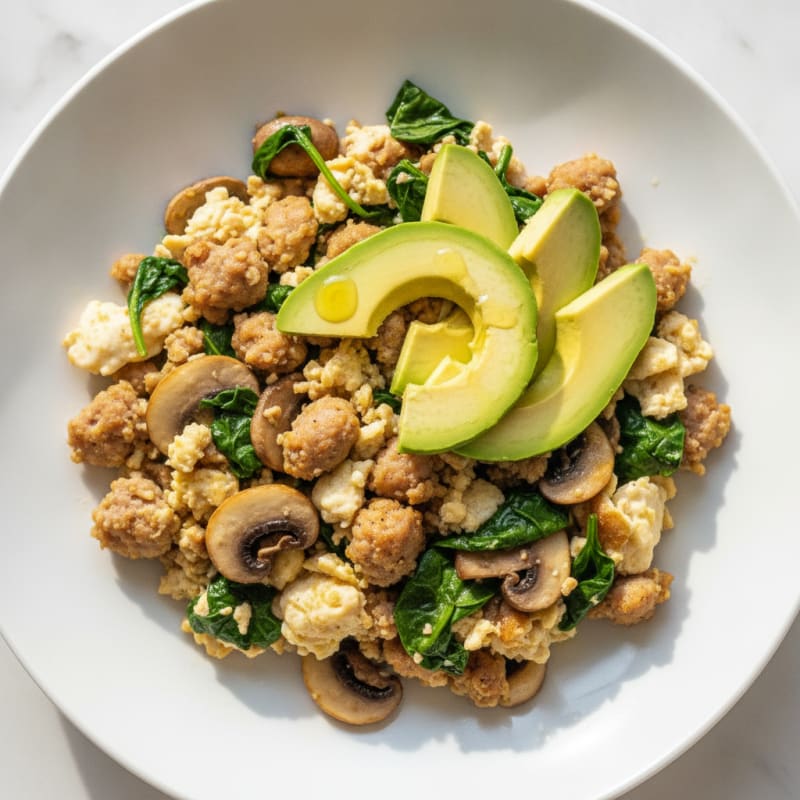 Egg White Spinach Scramble with Turkey Sausage and Sautéed Mushrooms