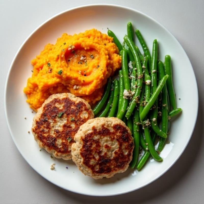 Seared Turkey Patties with Garlic Green Beans and Sweet Potato Mash