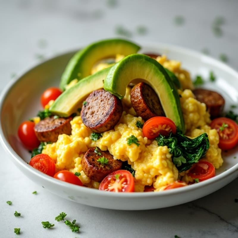 Egg White and Turkey Sausage Scramble with Spinach, Tomatoes, and Avocado