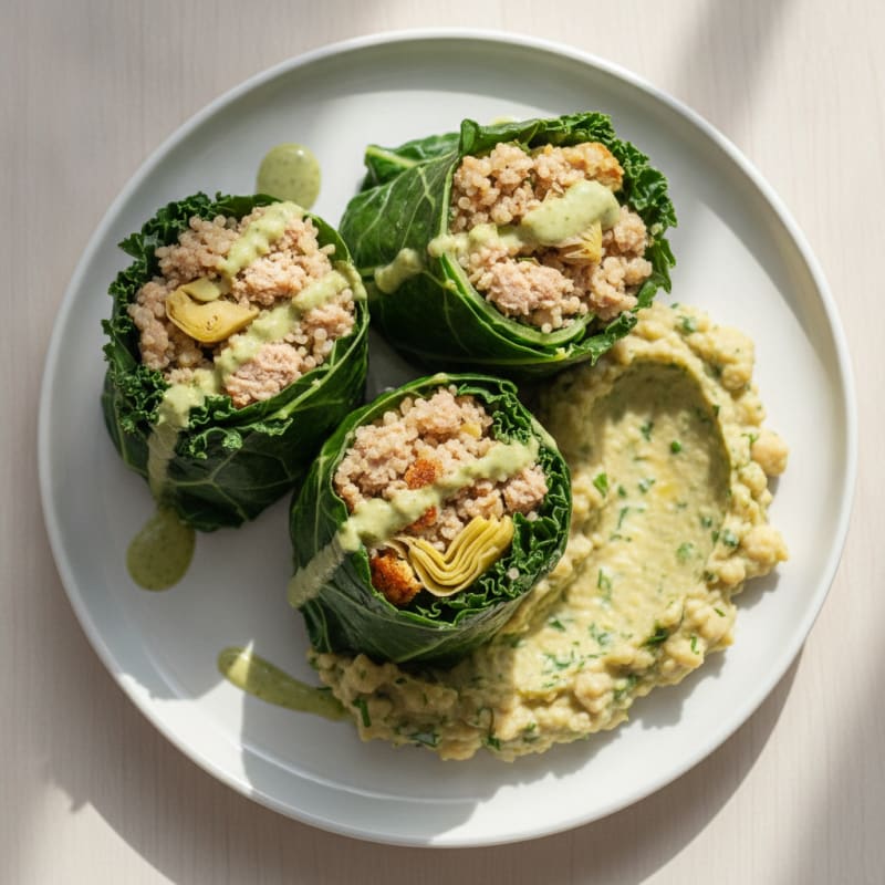 Tuna and Quinoa Stuffed Kale Rolls with Herb Chickpea Mash