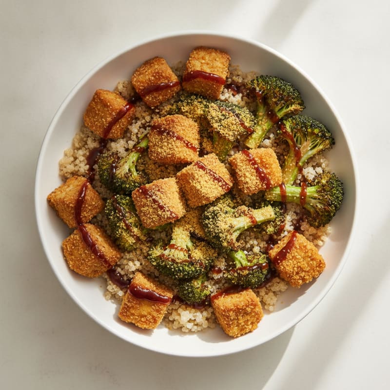 Crispy Tempeh Power Bowl with Quinoa and Roasted Broccoli
