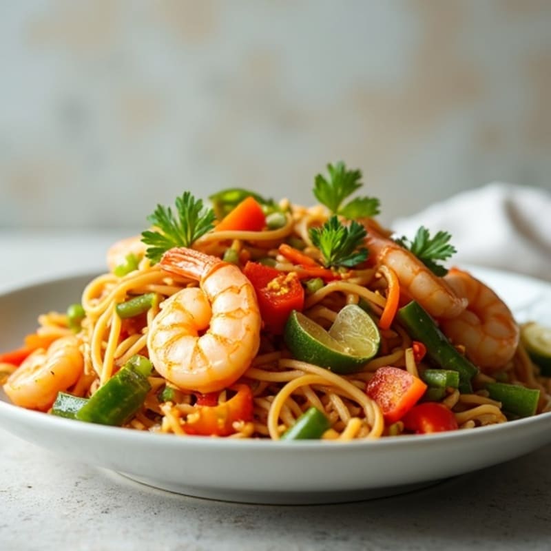 Shrimp and Fresh Vegetable Noodle Stir-Fry with Savory Peanut Lime Sauce