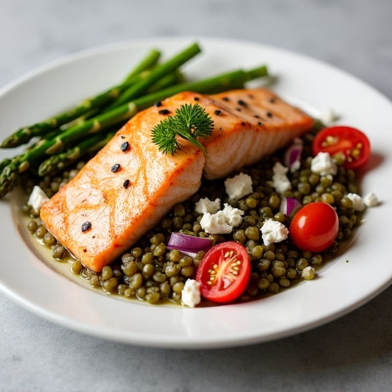 Seared Salmon with Lentil Salad and Steamed Asparagus