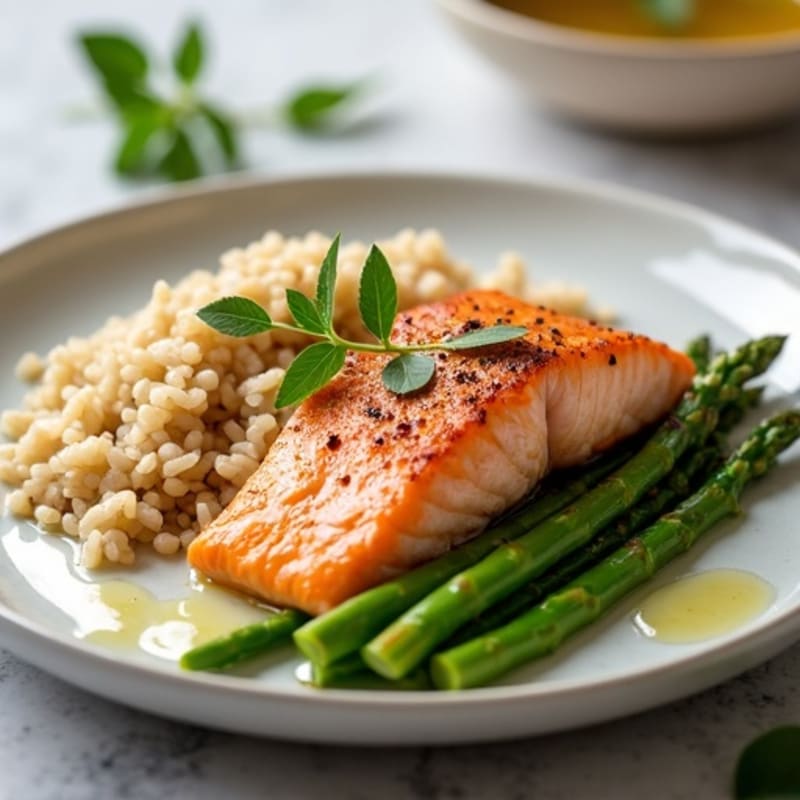 Seared Salmon Fillet with Steamed Asparagus and Brown Rice