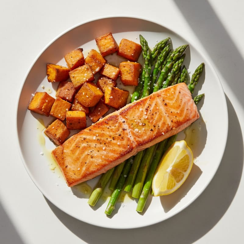 Seared Salmon with Roasted Sweet Potatoes and Asparagus